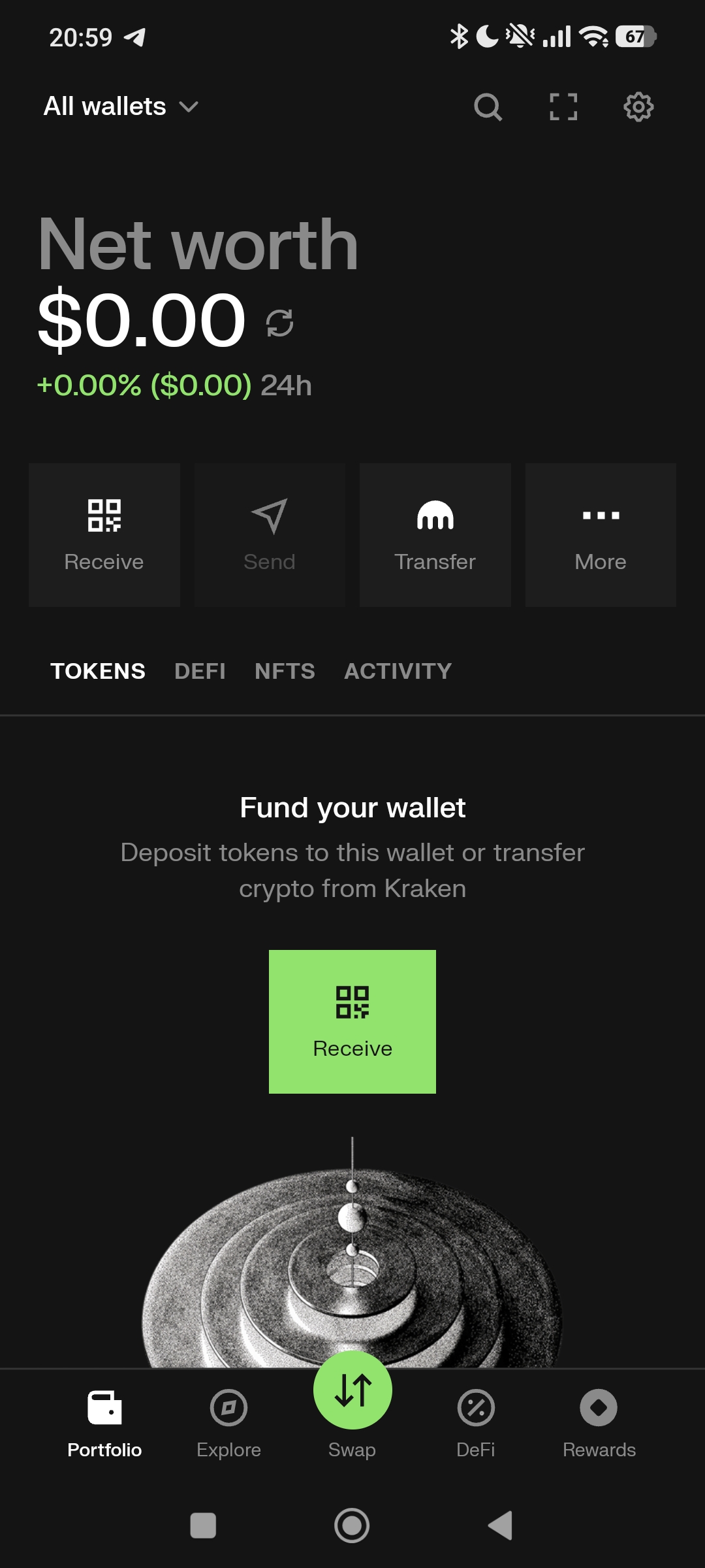Current Kraken Wallet dark home: net worth, Receive, Send, Transfer, More, Tokens, DeFi, NFTs, Activity, and wallet funding.